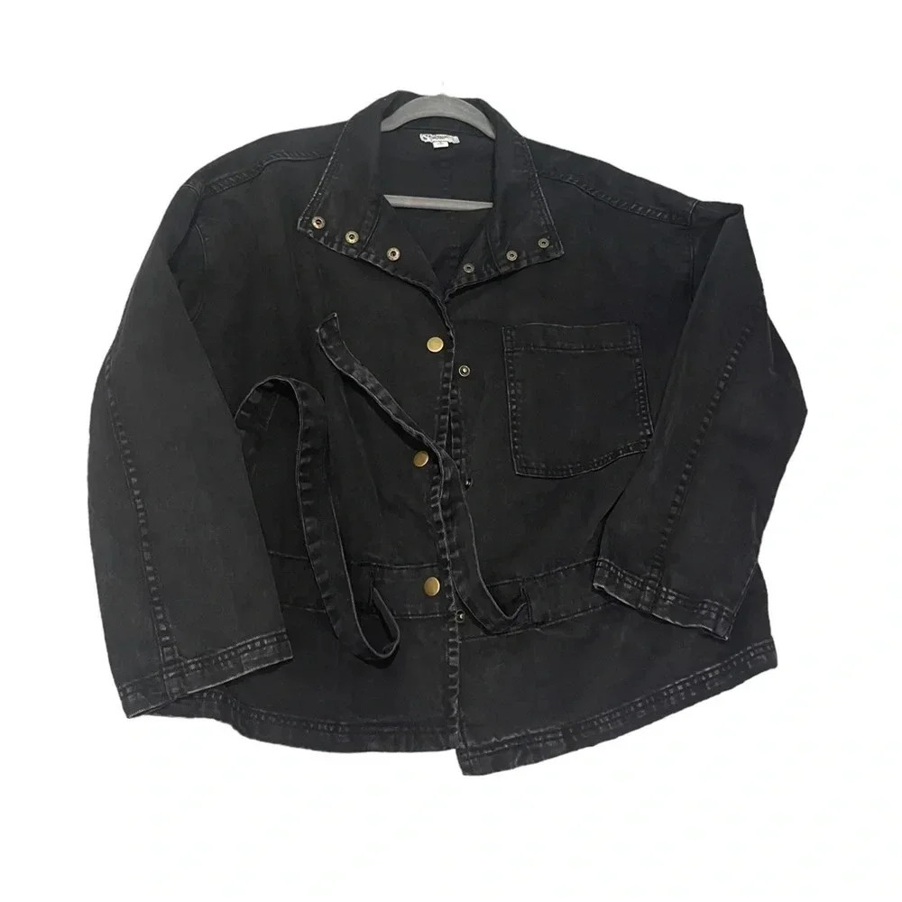 ✨ Easel Black Denim Utility‎ Jacket Women’s S Snap Front Belted Jean Coat ✨